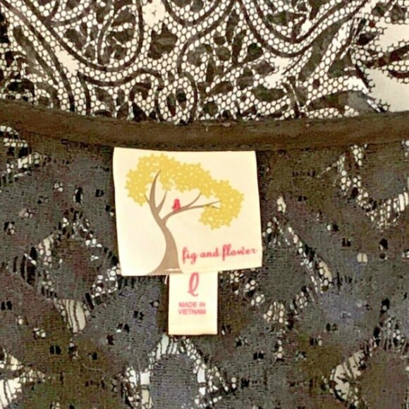 Fig & Flower Sheer BOHO Blouse Black White Lace-up V-Neck Sz L Black Lace #222L - Picture 4 of 6